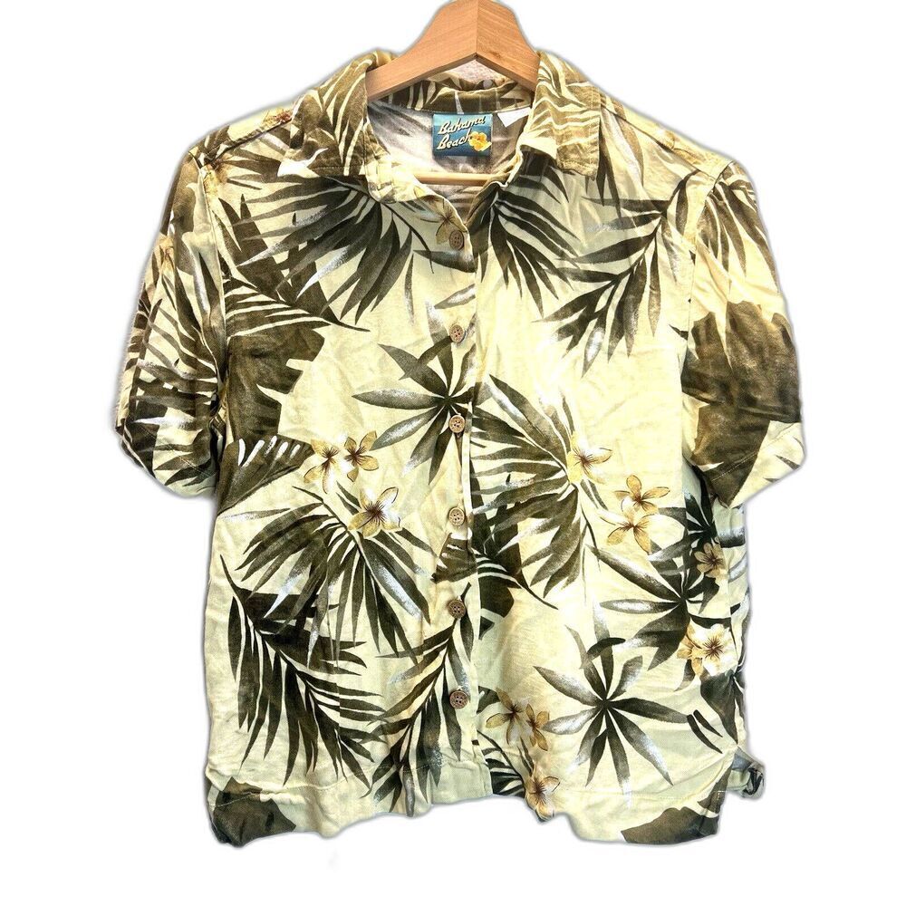 90s Bahama Beach Tropical Hawaiian Floral Hibiscus Shirt Sage Green Yellow S